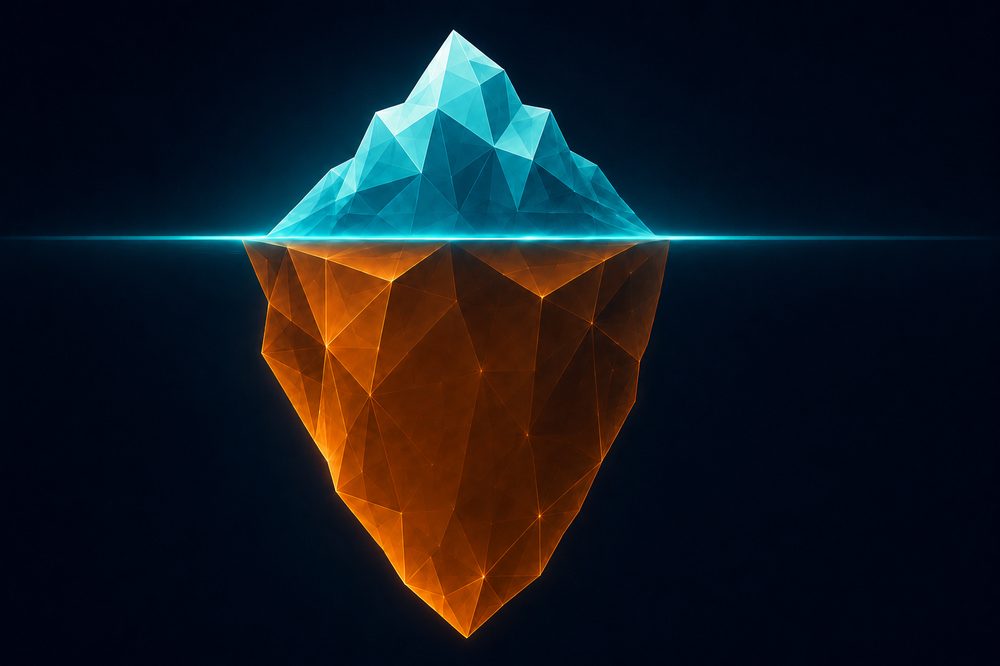An iceberg: a small teal tip above the waterline, a much larger orange mass submerged below