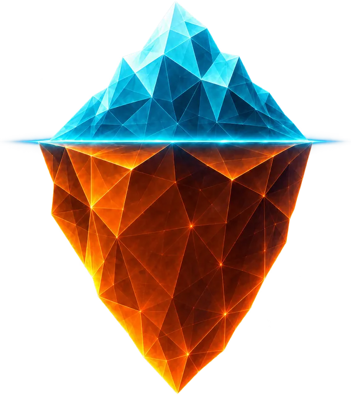 An iceberg. A small teal tip shows above the waterline - the visible layer. Beneath it, a far larger orange mass glows below the surface - the invisible layer that lives in senior people’s heads.